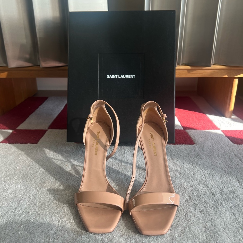 Saint Laurent Amber Patent Nude Leather Strappy Heels